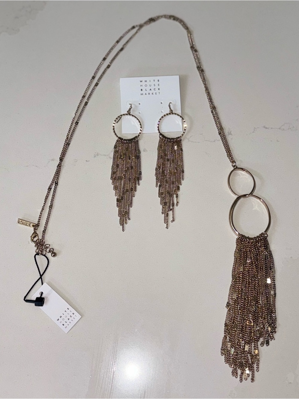 White House Black Market Gold-Tone Double Ring Fringe Necklace and Earrings Set